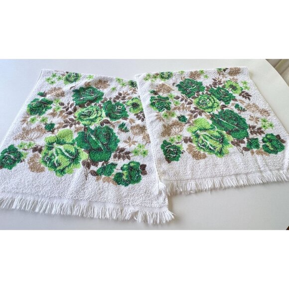 Vintage 70s bath towels, large green roses bouquet, fringed, 100% cotton, pair - Picture 4 of 9